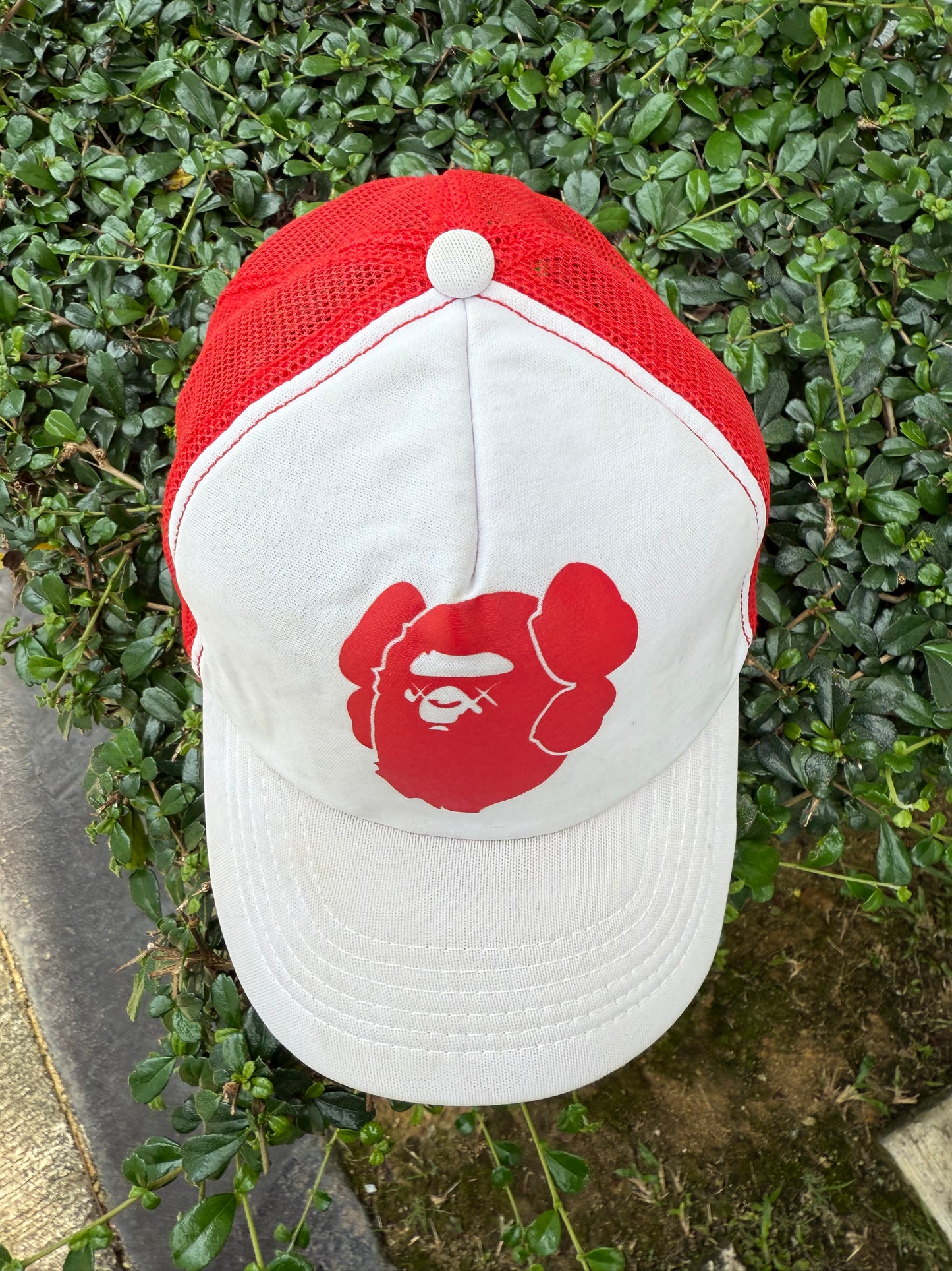 BAPE x KAWS Trucker Cap – Red/White Mesh Snapback Hat Early 2000s