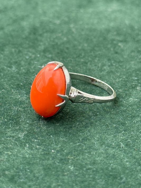 Vintage Sterling Silver Red Coral / Carnelian Ring Oval Cabochon