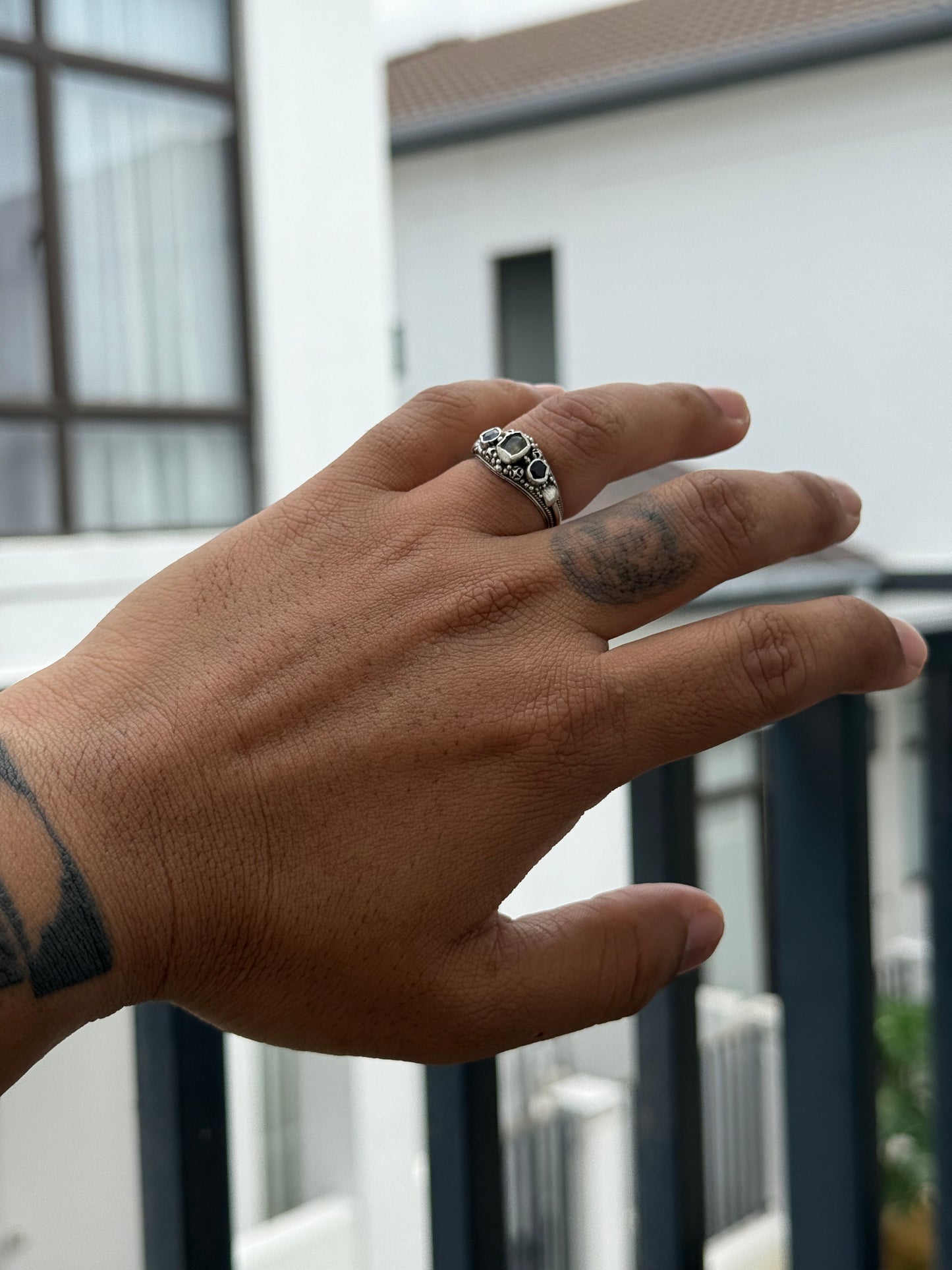 Vintage Sterling Silver Bohemian Ring with Red Stones