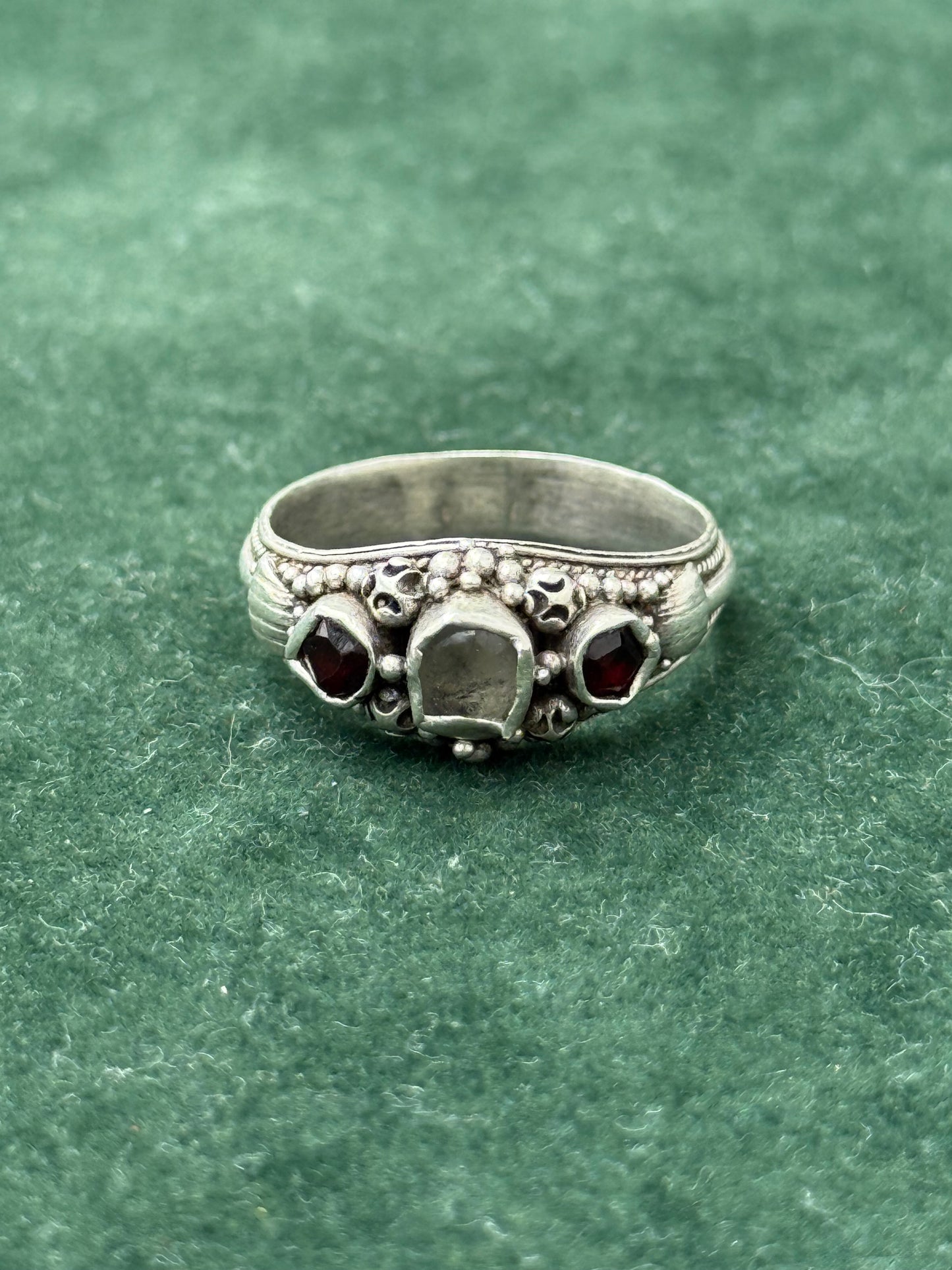 Vintage Sterling Silver Bohemian Ring with Red Stones