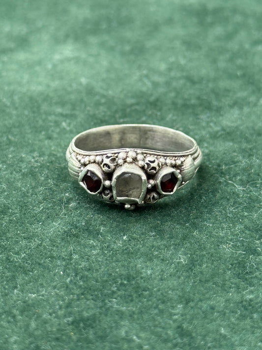 Vintage Sterling Silver Bohemian Ring with Red Stones