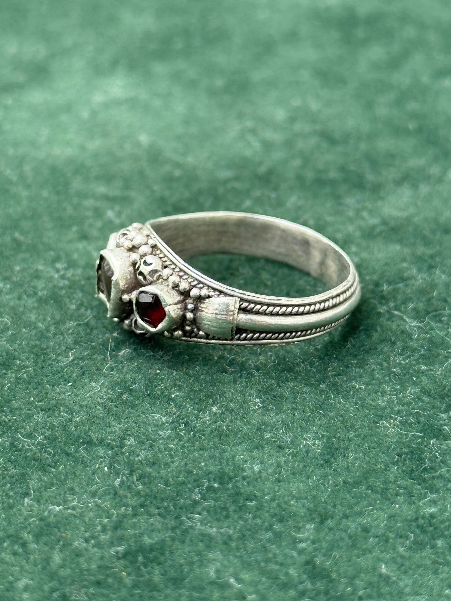 Vintage Sterling Silver Bohemian Ring with Red Stones