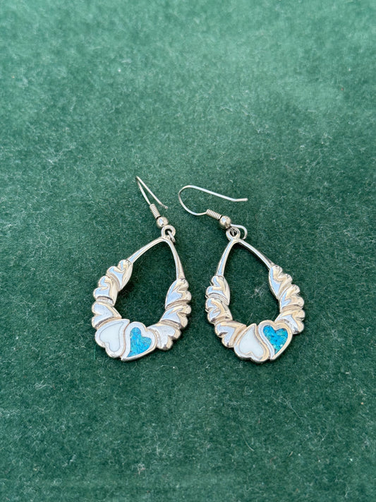 Vintage Sterling Silver Turquoise & Mother of Pearl Heart Earrings