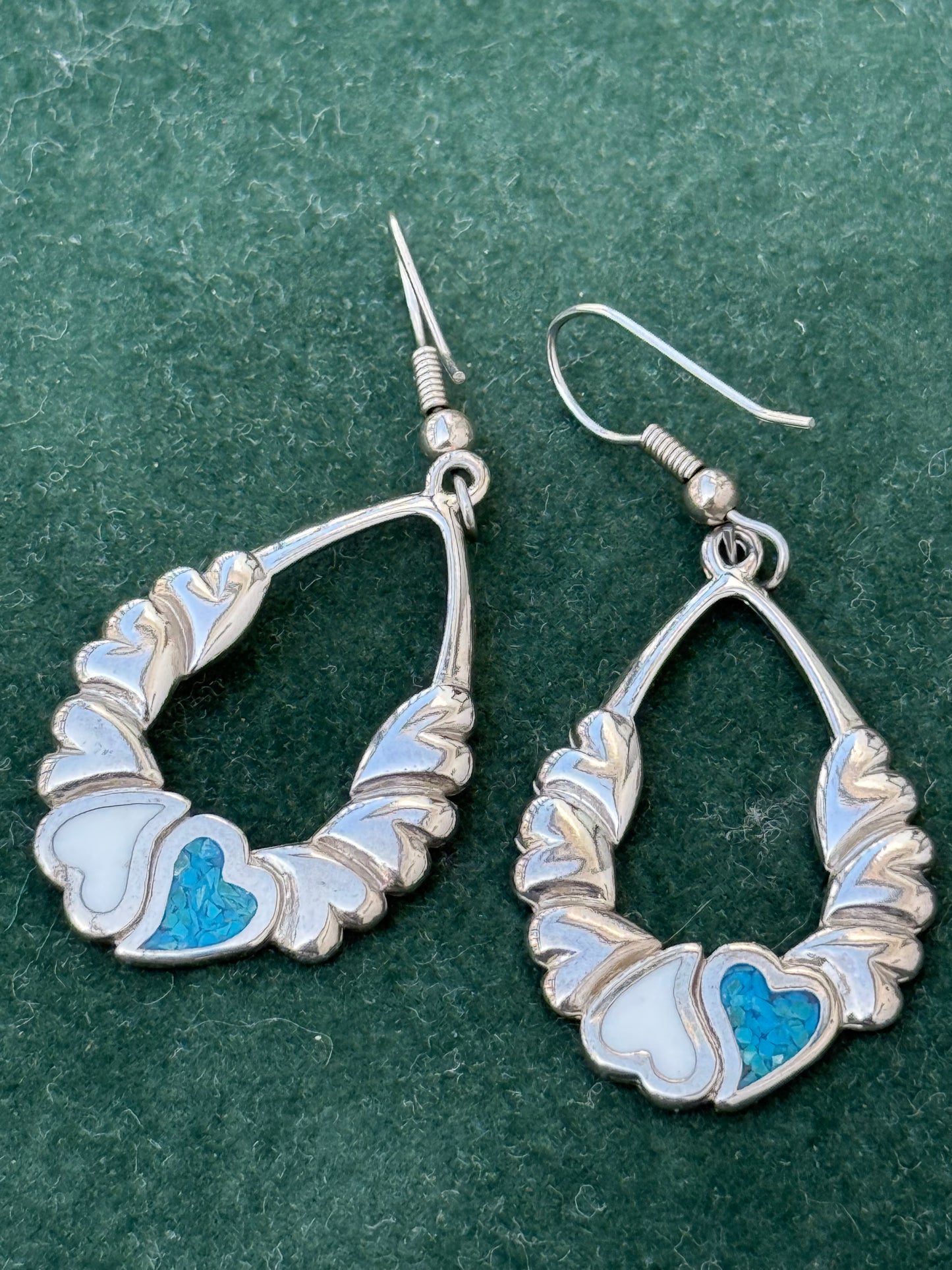 Vintage Sterling Silver Turquoise & Mother of Pearl Heart Earrings