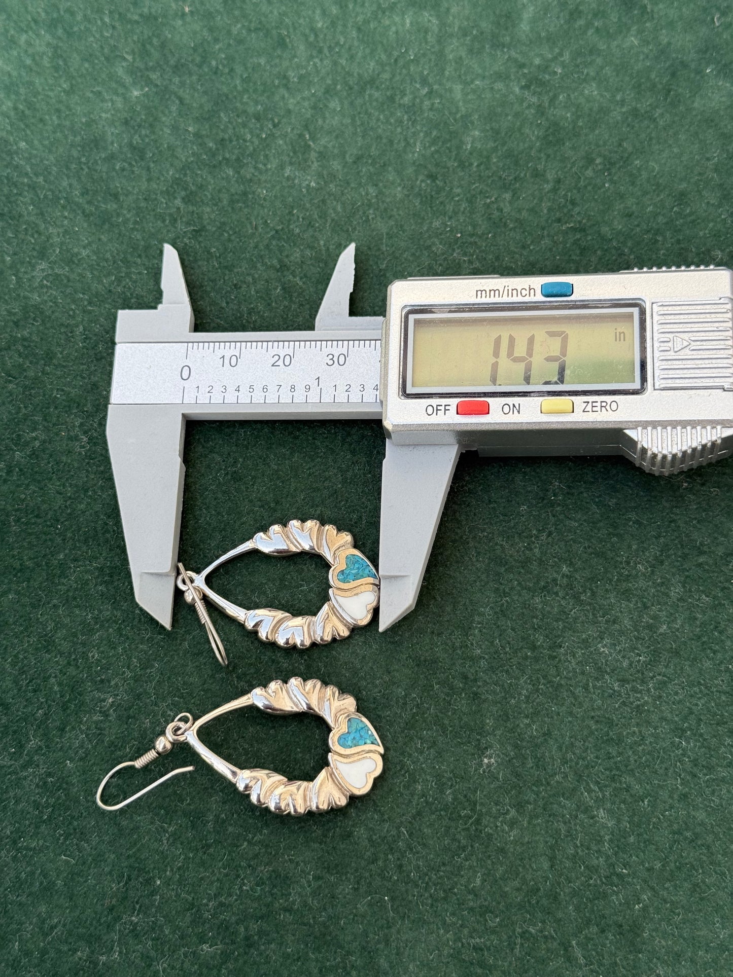 Vintage Sterling Silver Turquoise & Mother of Pearl Heart Earrings