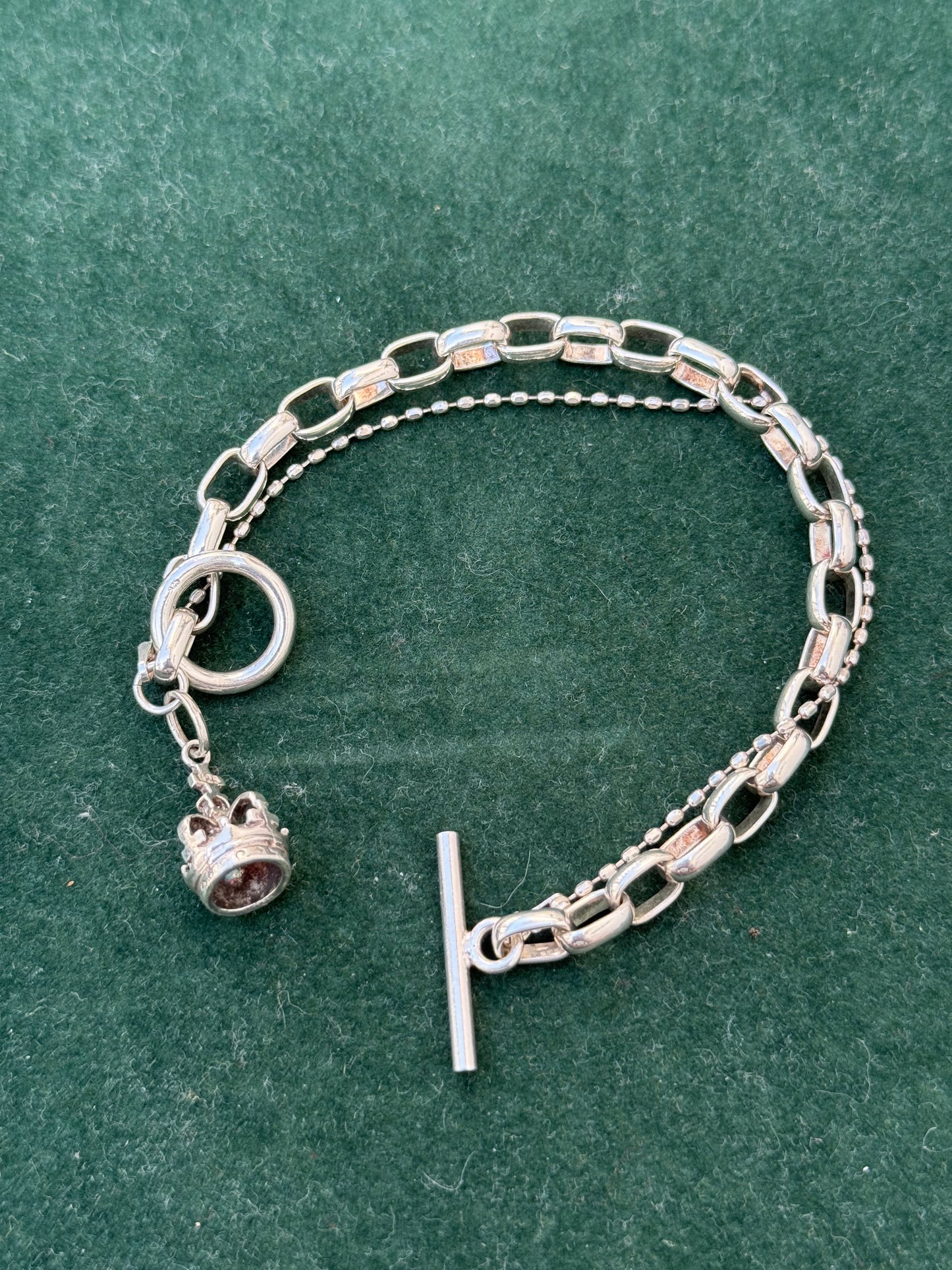 Vintage Sterling Silver Crown Charm Toggle Bracelet
