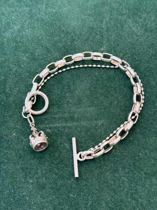 Vintage Sterling Silver Crown Charm Toggle Bracelet