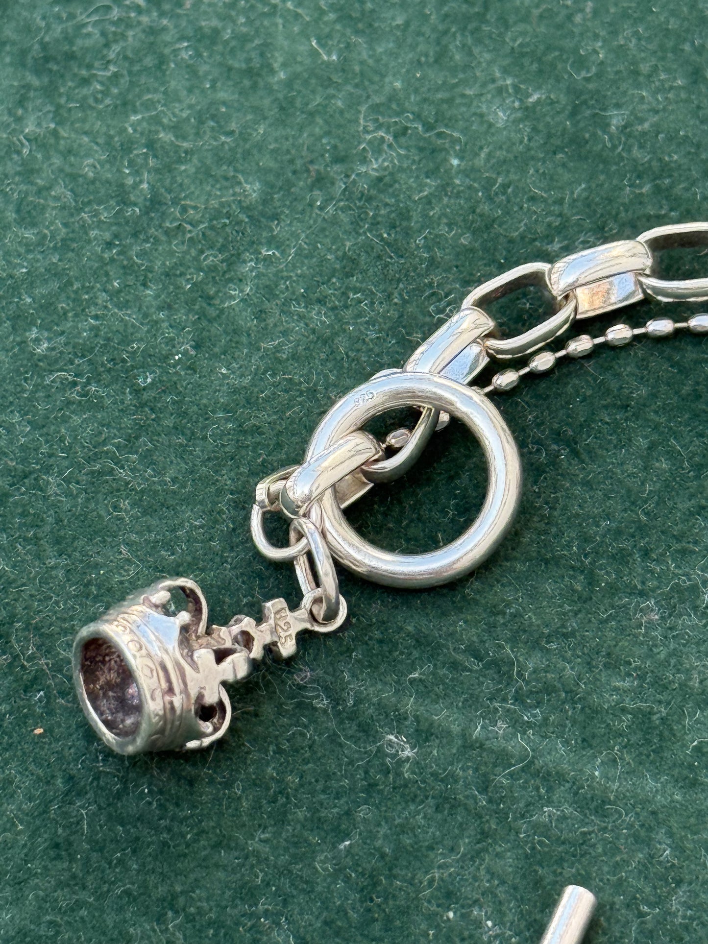 Vintage Sterling Silver Crown Charm Toggle Bracelet