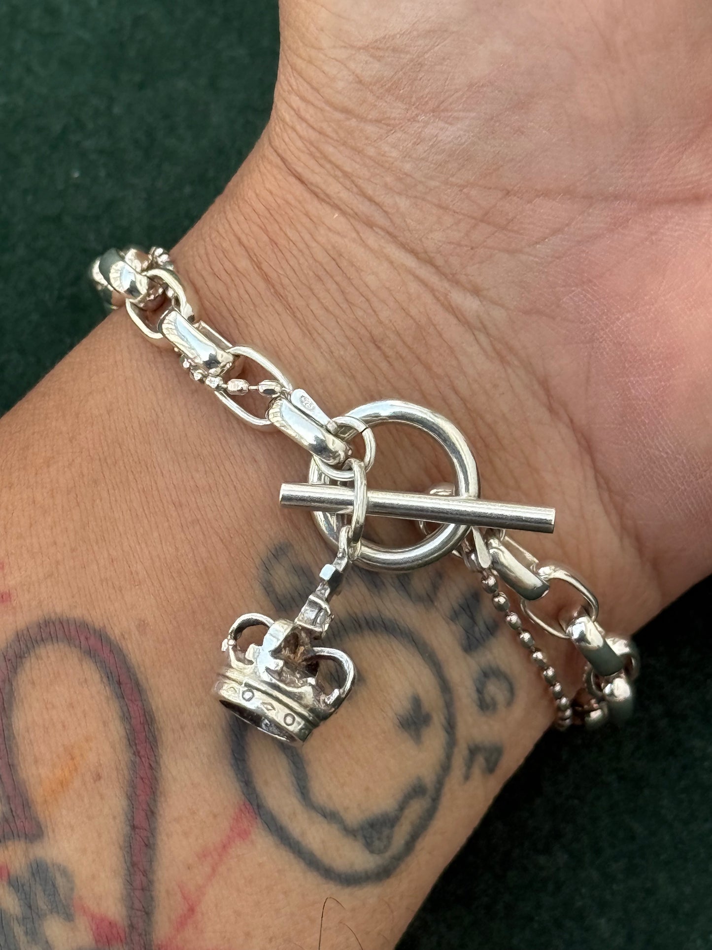 Vintage Sterling Silver Crown Charm Toggle Bracelet