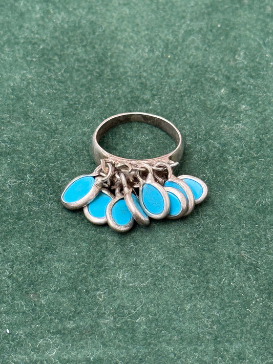 Vintage Sterling Silver Turquoise Dangle Charm Ring 925 – Boho Native Style Jewelry
