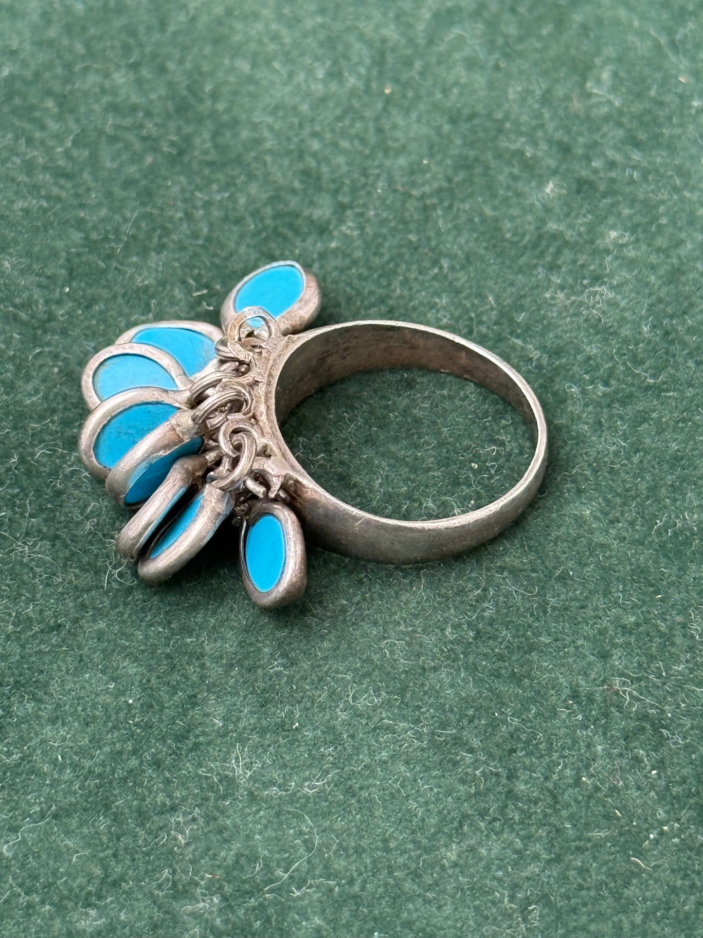 Vintage Sterling Silver Turquoise Dangle Charm Ring 925 – Boho Native Style Jewelry