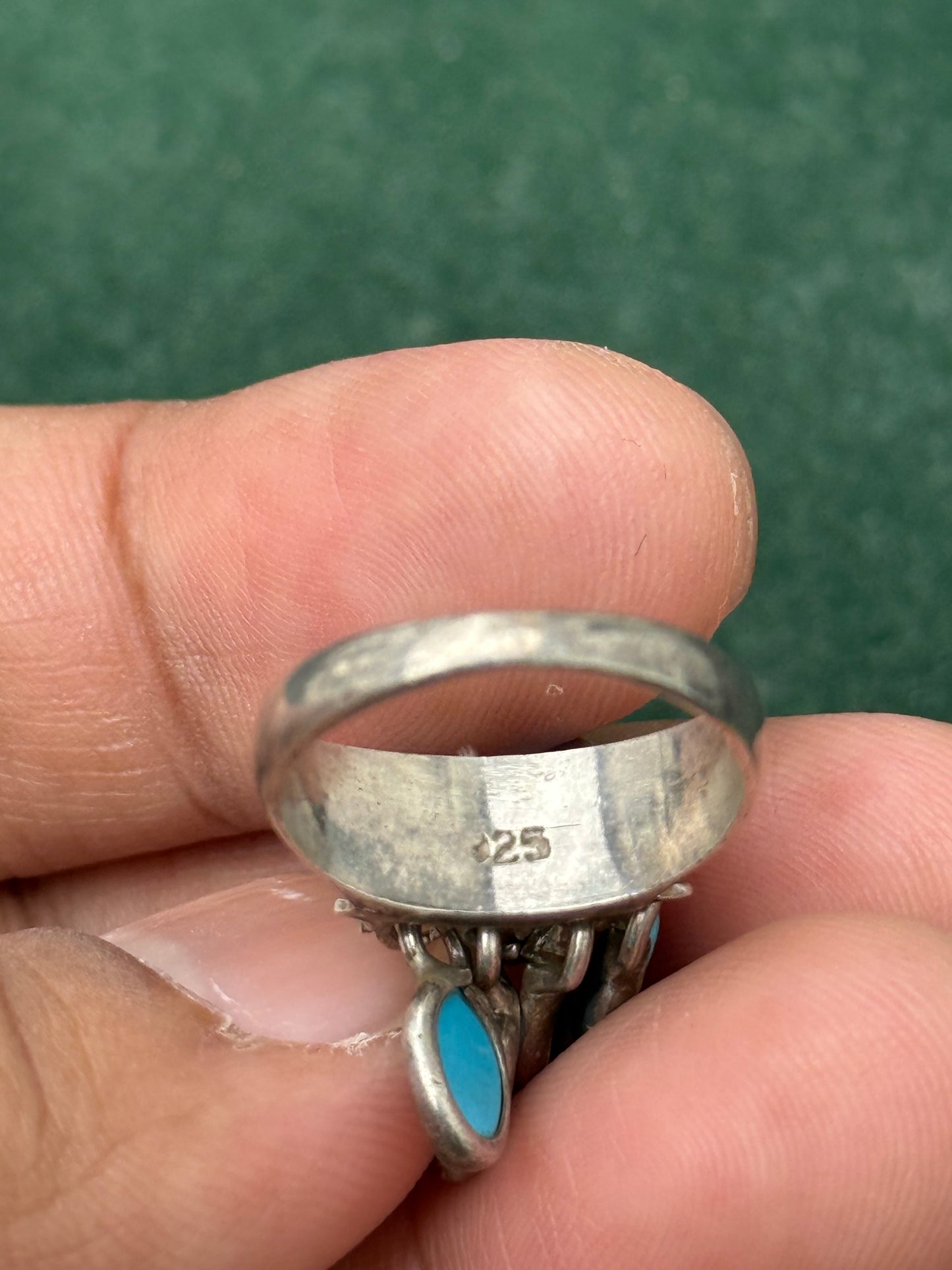 Vintage Sterling Silver Turquoise Dangle Charm Ring 925 – Boho Native Style Jewelry