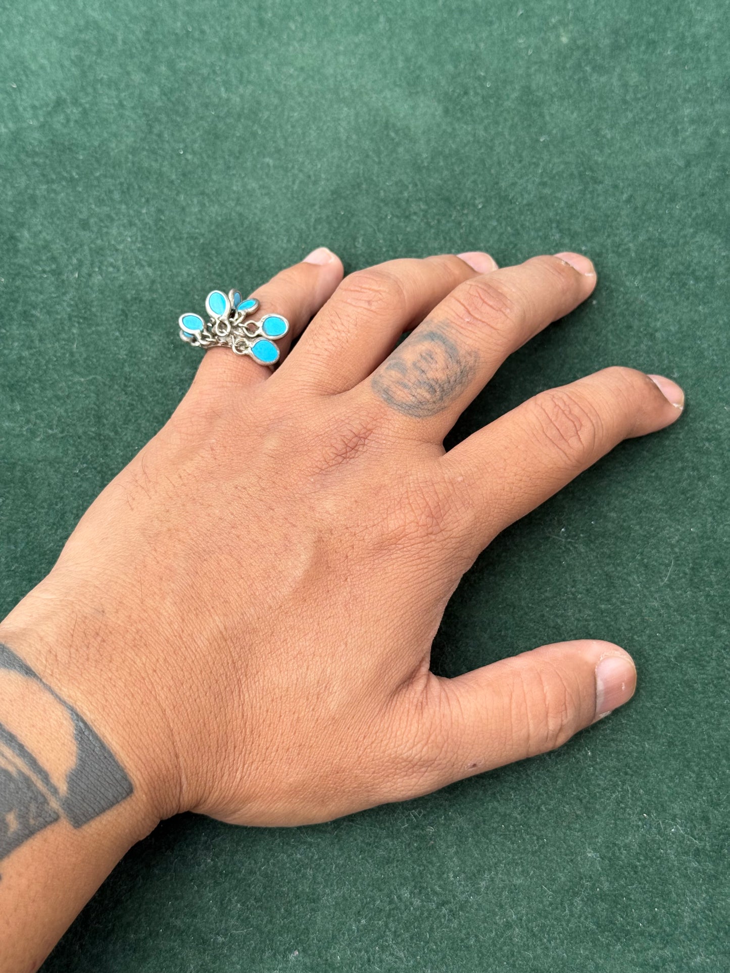 Vintage Sterling Silver Turquoise Dangle Charm Ring 925 – Boho Native Style Jewelry