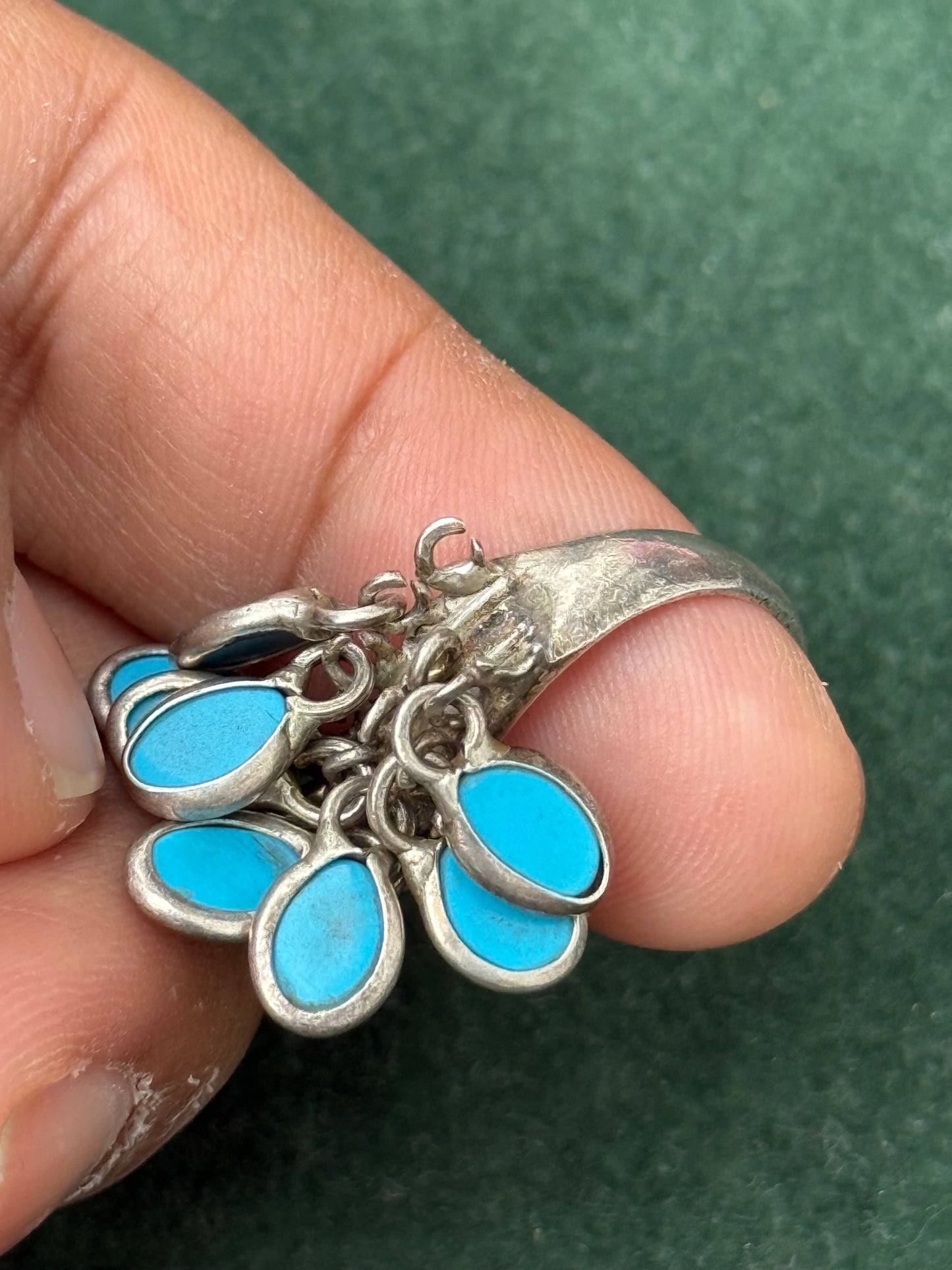 Vintage Sterling Silver Turquoise Dangle Charm Ring 925 – Boho Native Style Jewelry