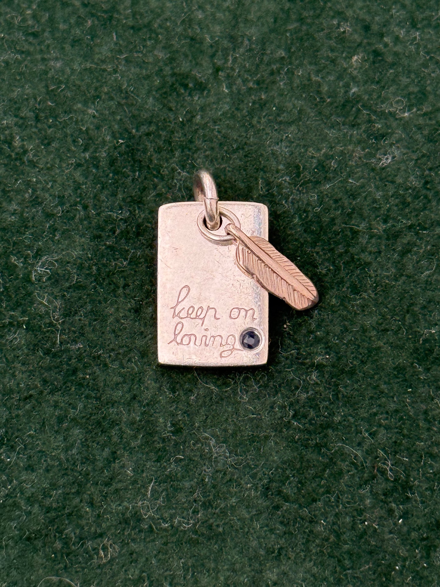 Vintage 925 Sterling Silver “Keep On Loving” Tag Pendant with Feather Charm