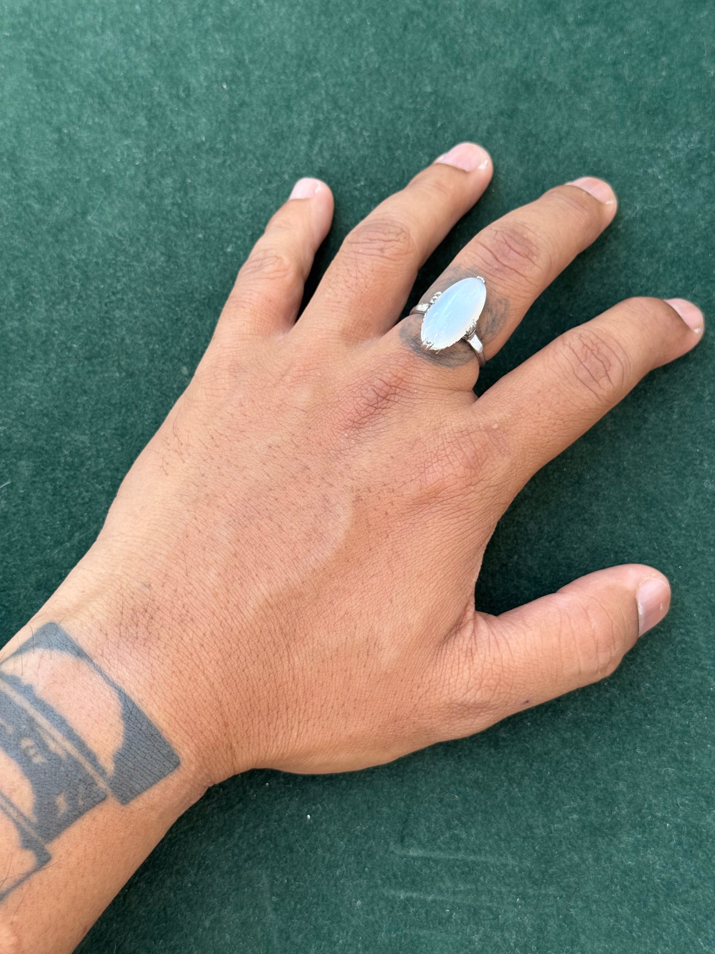 Vintage Sterling Silver Ring with Marquise Moonstone / Opalite Cabochon