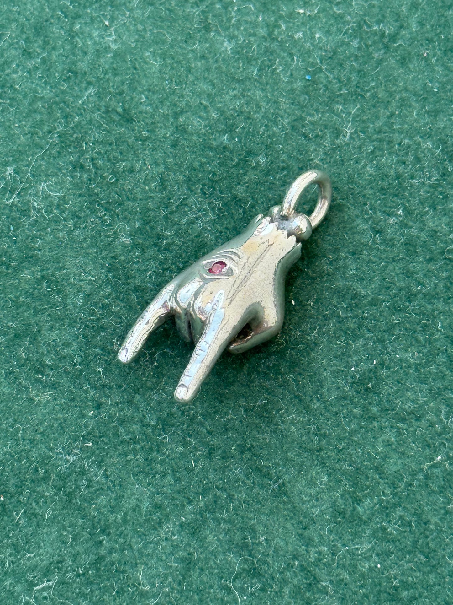 Sterling Silver “Devil Horns” Hand Pendant with Ruby Stone Eye