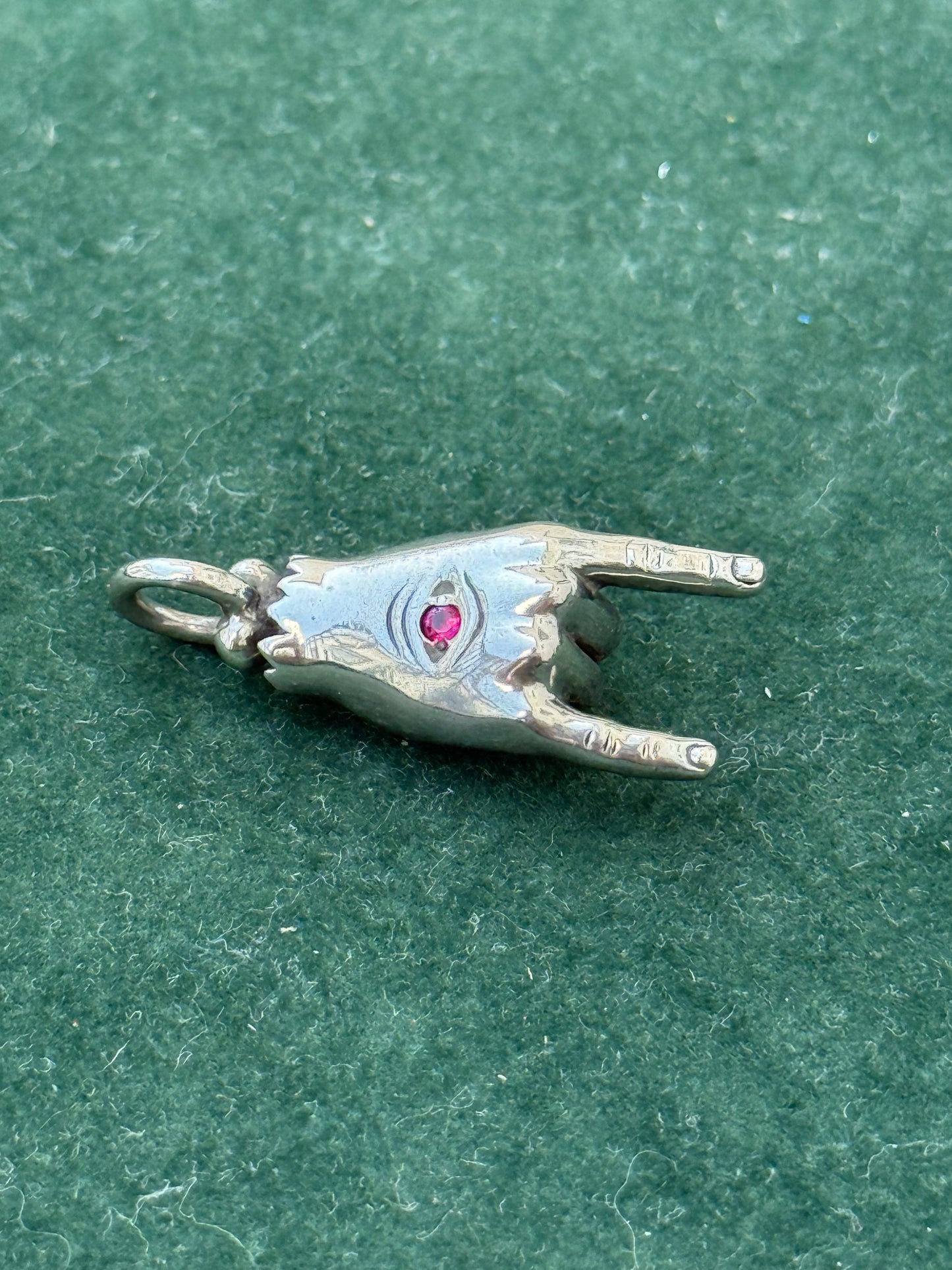 Sterling Silver “Devil Horns” Hand Pendant with Ruby Stone Eye