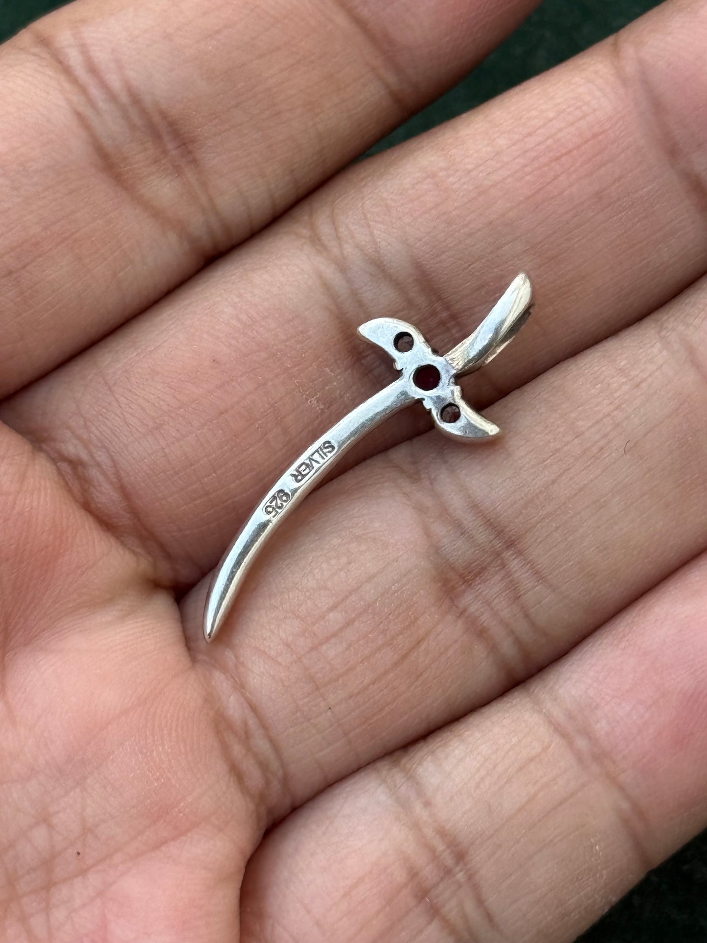 Sterling Silver Cross Pendant with Ruby & Clear Stones – Modern Gothic Style