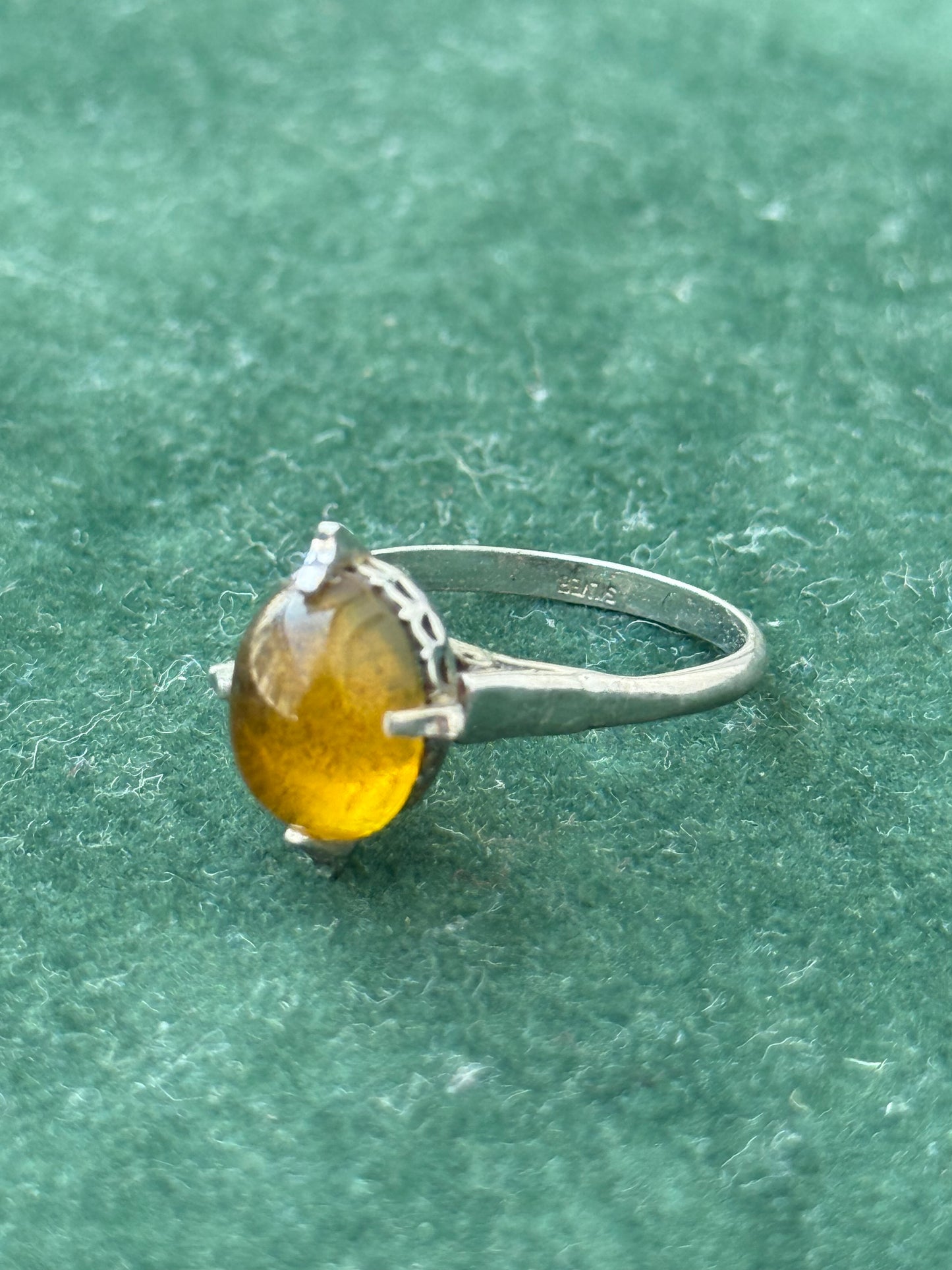 Vintage Sterling Silver Ring with Yellow Cabochon Stone Classic Solitaire Design