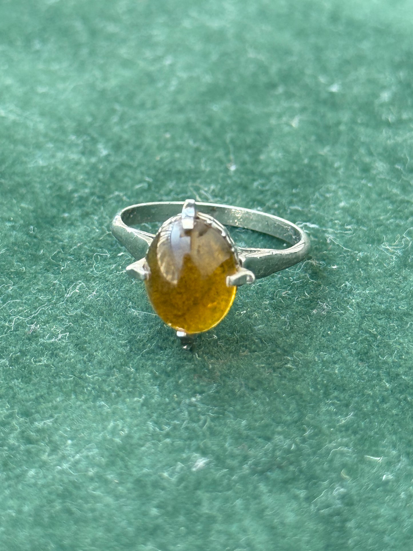 Vintage Sterling Silver Ring with Yellow Cabochon Stone Classic Solitaire Design