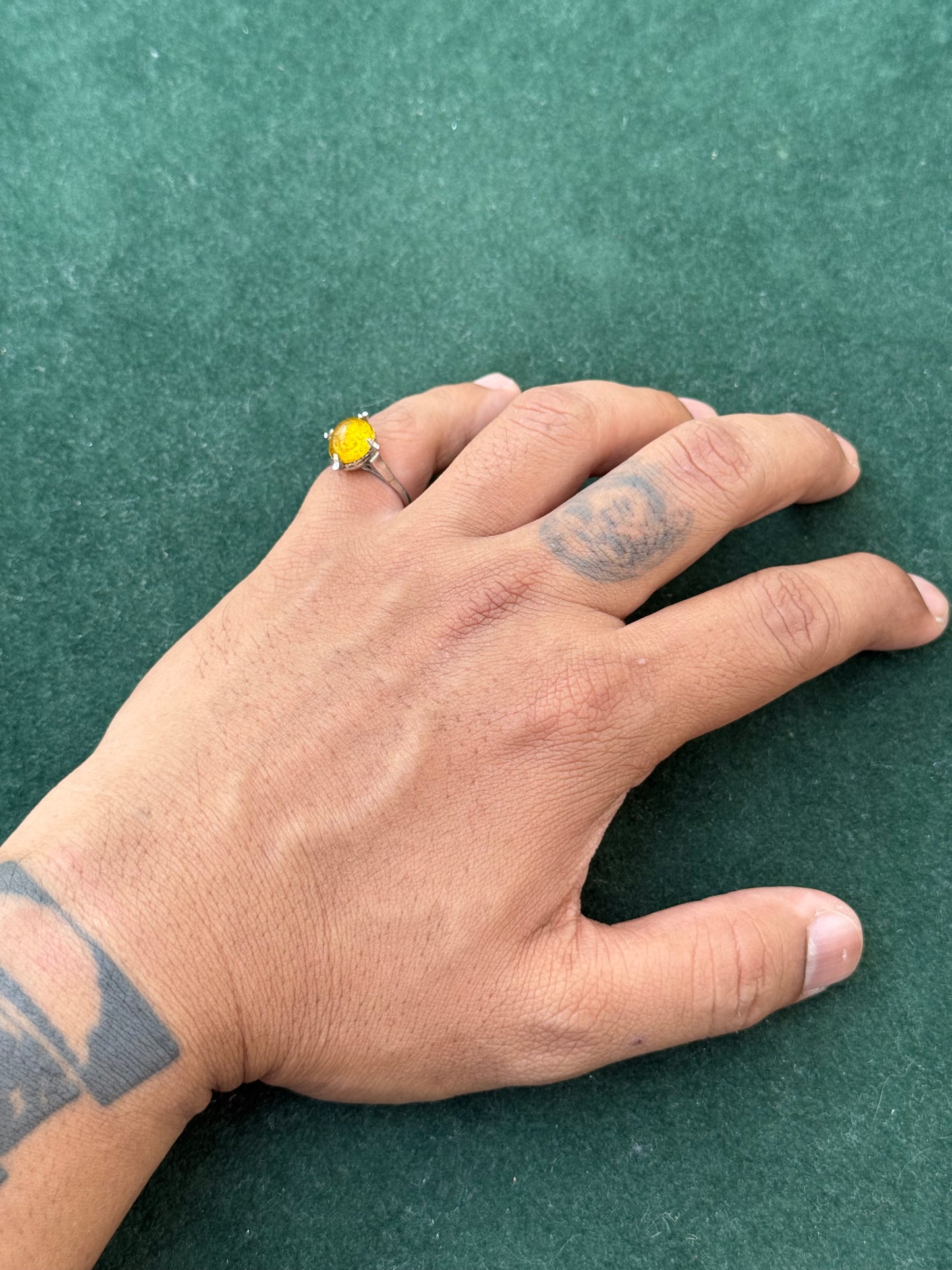 Vintage Sterling Silver Ring with Yellow Cabochon Stone Classic Solitaire Design