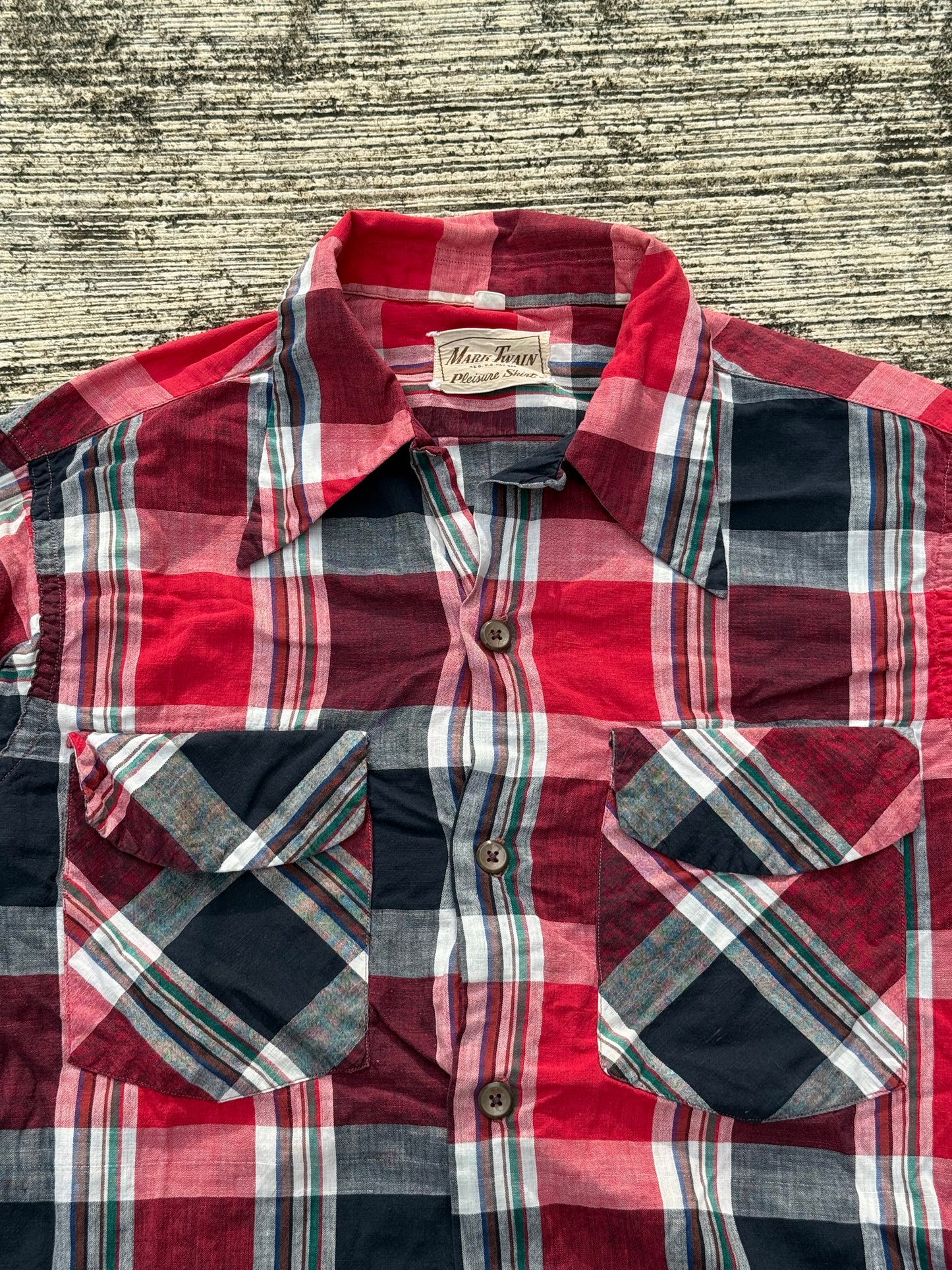 Vintage 1950s Mark Twain Loop Collar Plaid Shirt Cotton Leisure Mid-Century Casual