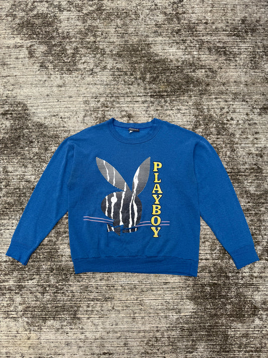 Vintage 1980s–90s Playboy Sweatshirt Blue Crewneck with Bunny Logo Print Made in USA