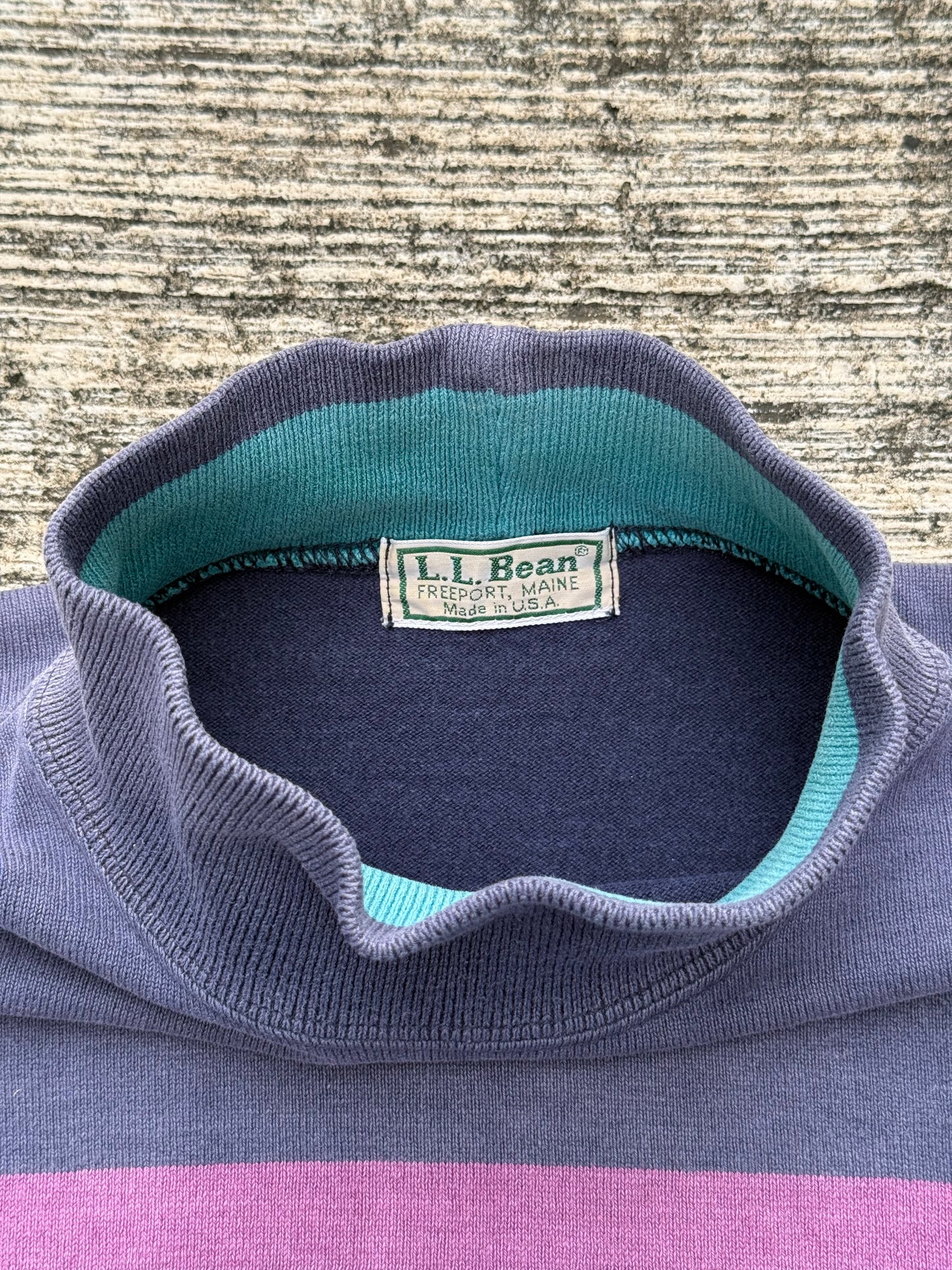 Vintage 80s 90s L.L. Bean Mock Neck Stripe Shirt USA Made Sun Faded
