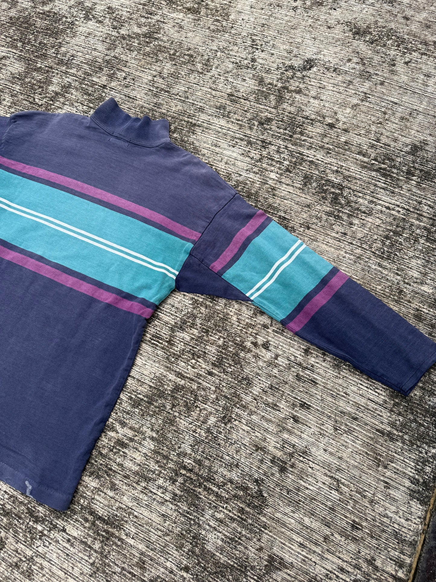 Vintage 80s 90s L.L. Bean Mock Neck Stripe Shirt USA Made Sun Faded