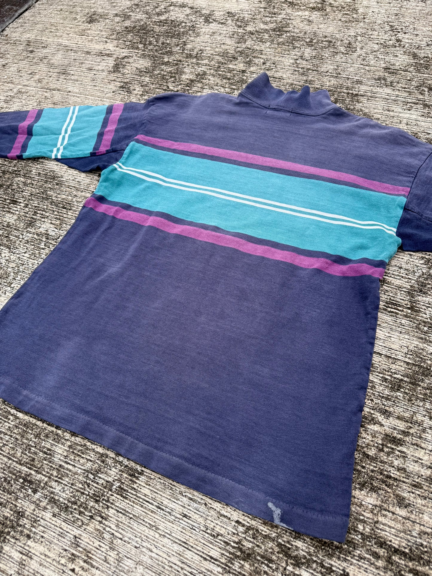 Vintage 80s 90s L.L. Bean Mock Neck Stripe Shirt USA Made Sun Faded