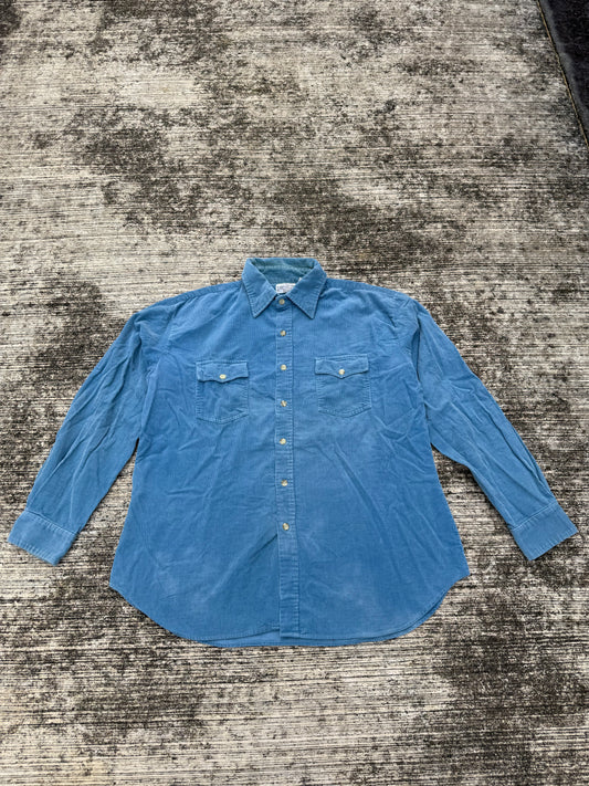 Vintage 70s Sears Corduroy Shirt Blue Long Sleeve 100% Cotton XL