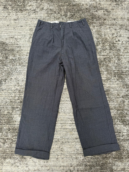 Vintage 60s 70s Gentlemen 3-Star Salt & Pepper Wool Blend Trousers High Waist Wide Leg Pleated Cuffed Pants