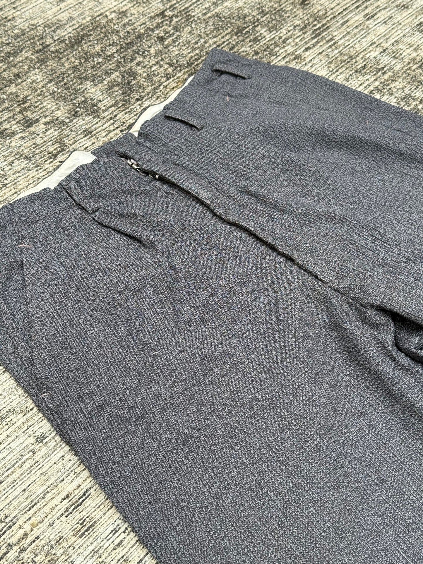 Vintage 60s 70s Gentlemen 3-Star Salt & Pepper Wool Blend Trousers High Waist Wide Leg Pleated Cuffed Pants
