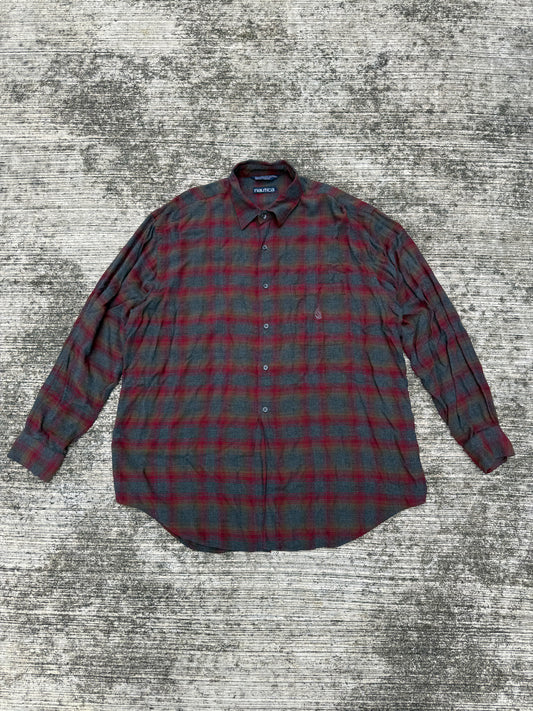 1990s Nautica Oversized Plaid Rayon Shirt – Vintage USA Made Men’s Long Sleeve