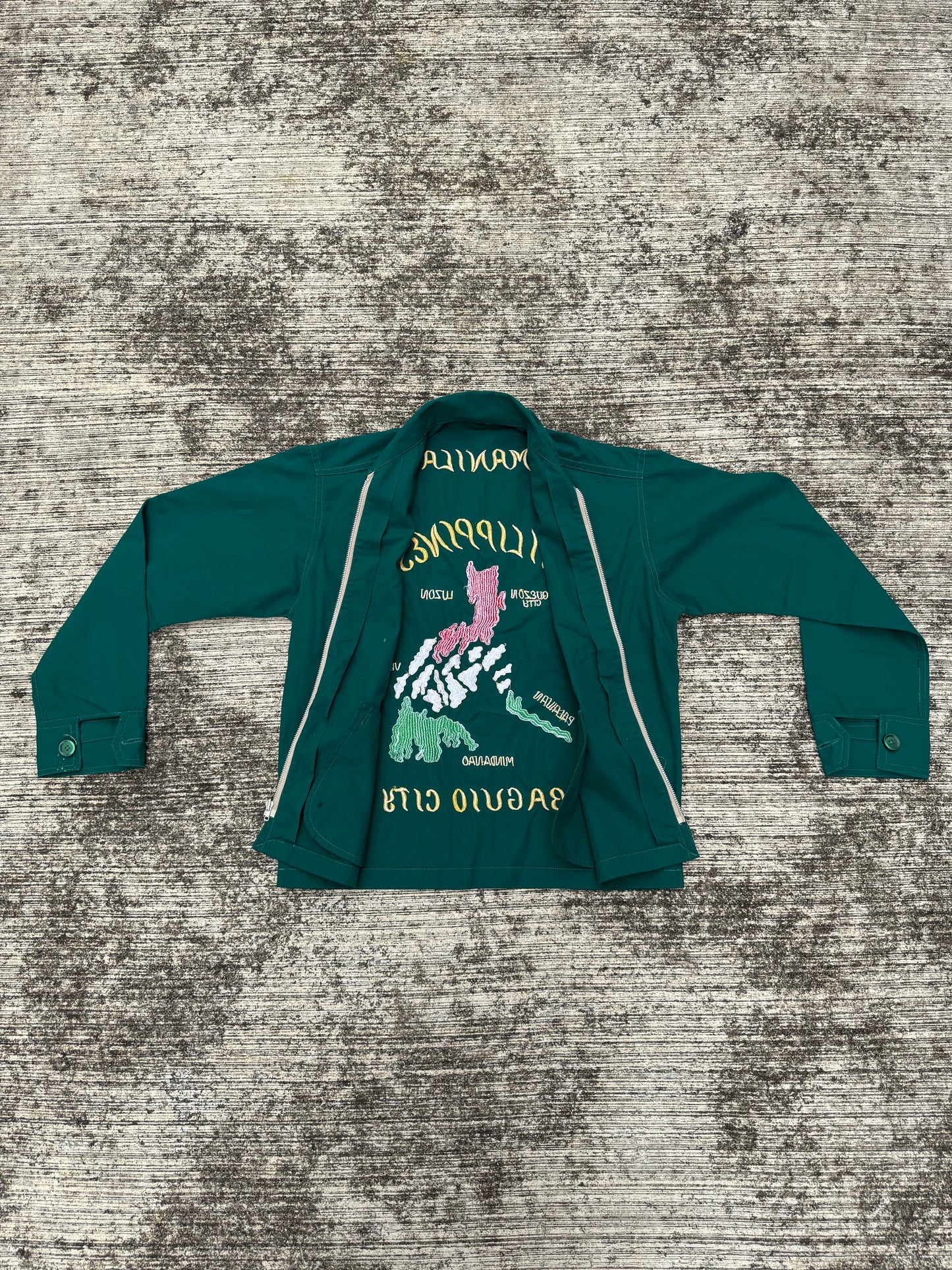 Vintage 60s 70s Philippine Souvenir Jacket – Teal Green Embroidered Map Baguio City Manila Tour Jacket