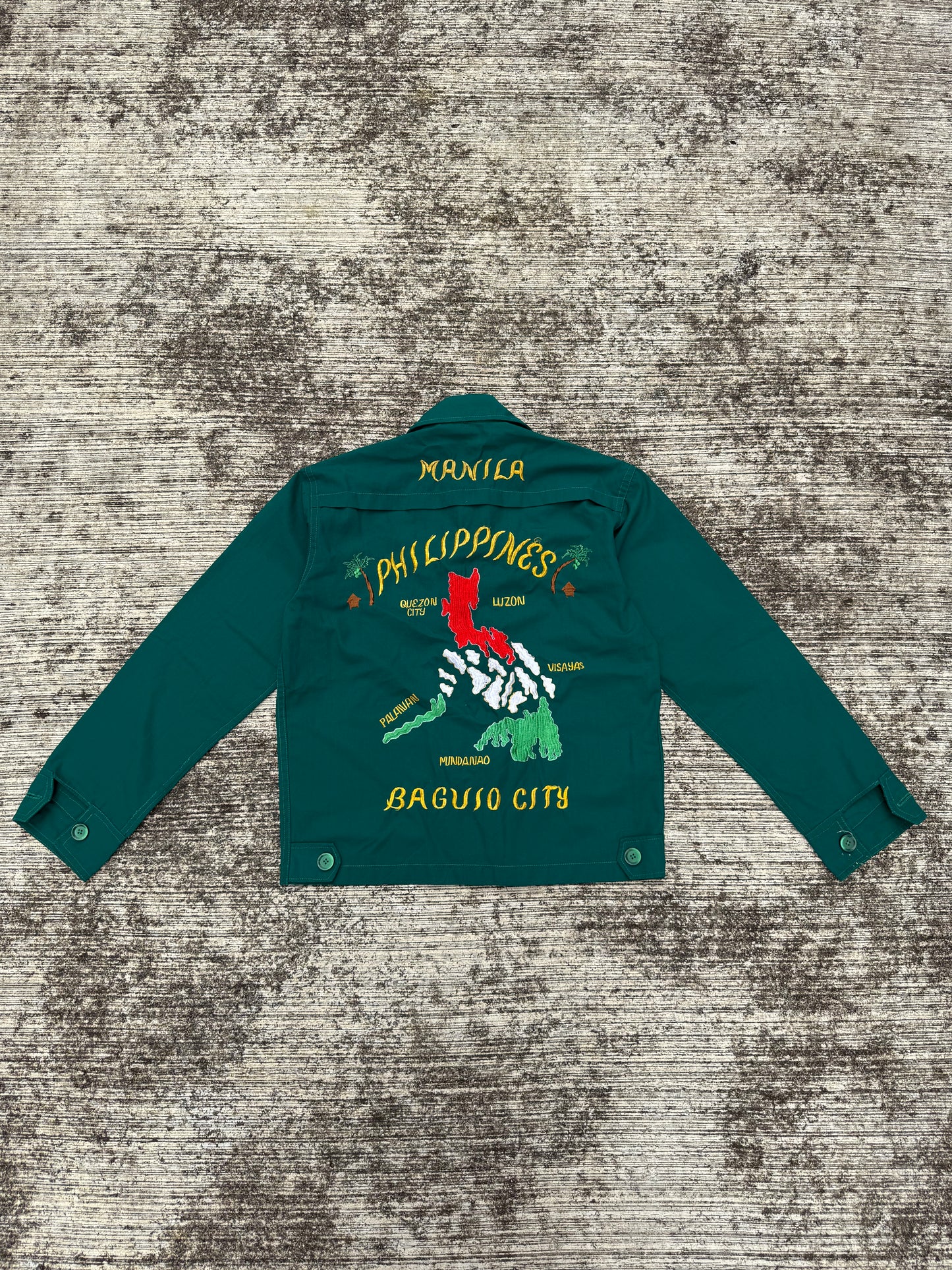 Vintage 60s 70s Philippine Souvenir Jacket – Teal Green Embroidered Map Baguio City Manila Tour Jacket