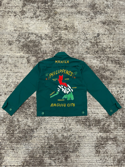 Vintage 60s 70s Philippine Souvenir Jacket – Teal Green Embroidered Map Baguio City Manila Tour Jacket