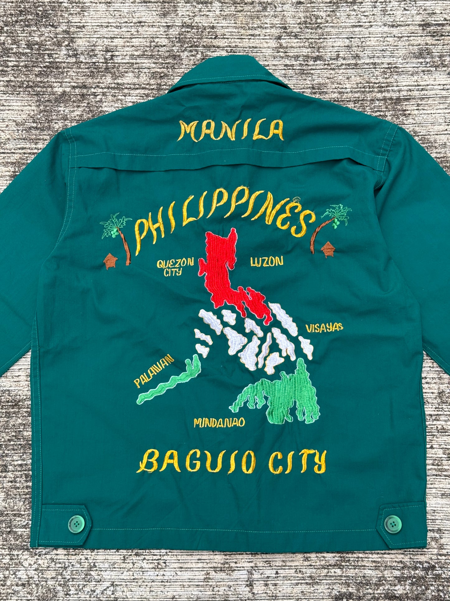 Vintage 60s 70s Philippine Souvenir Jacket – Teal Green Embroidered Map Baguio City Manila Tour Jacket