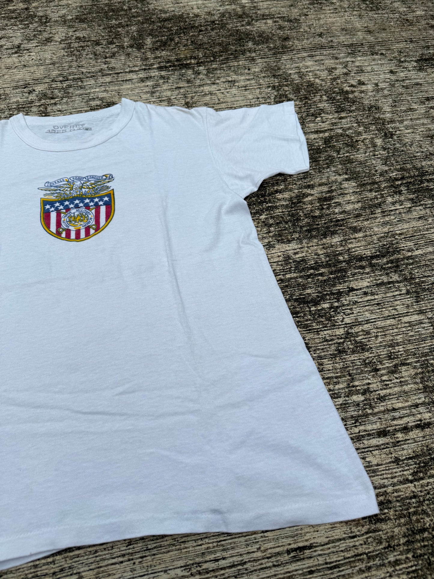 Rare 1940s Valley Forge Military Academy T-Shirt Vintage Single Stitch White Tee USA Eagle Crest Graphic