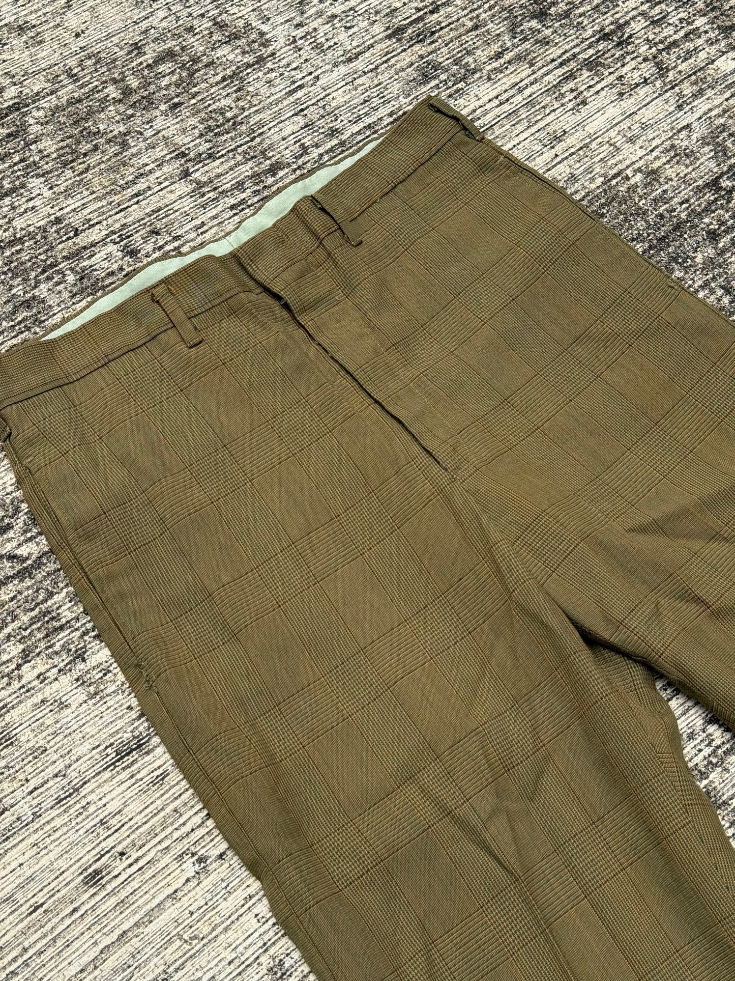 Vintage 1960s Post-Grad Glen Check Pants with Talon Zipper – Olive Brown Plaid Dress Trousers
