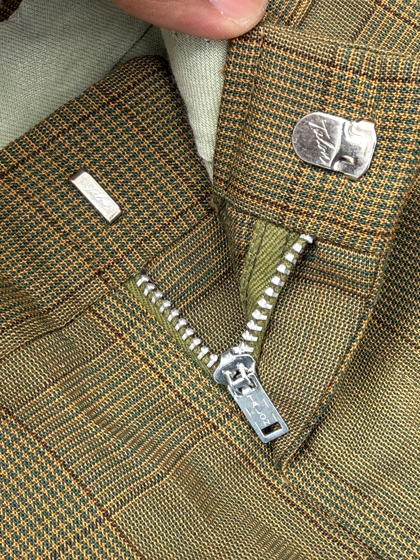Vintage 1960s Post-Grad Glen Check Pants with Talon Zipper – Olive Brown Plaid Dress Trousers