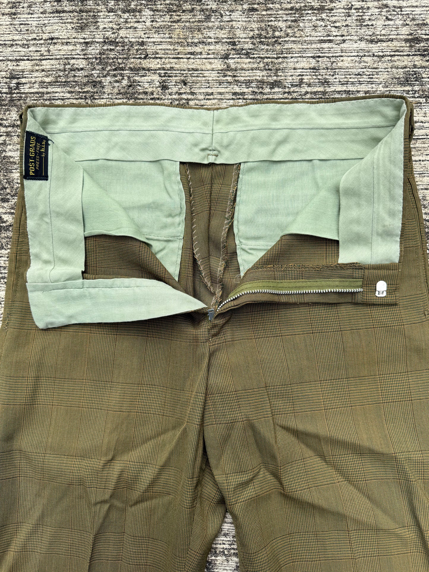 Vintage 1960s Post-Grad Glen Check Pants with Talon Zipper – Olive Brown Plaid Dress Trousers