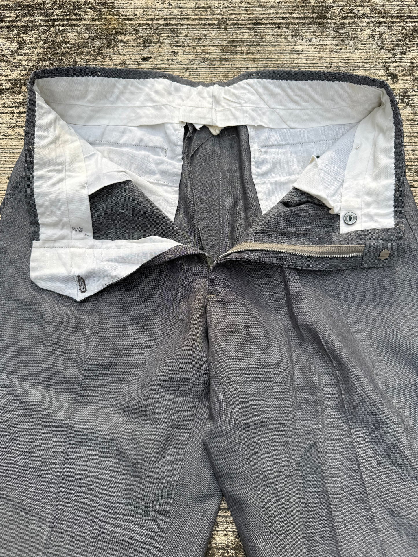 Vintage 60s Grey Gabardine Trousers Talon Zipper Anchor Hook Wool Blend Slacks