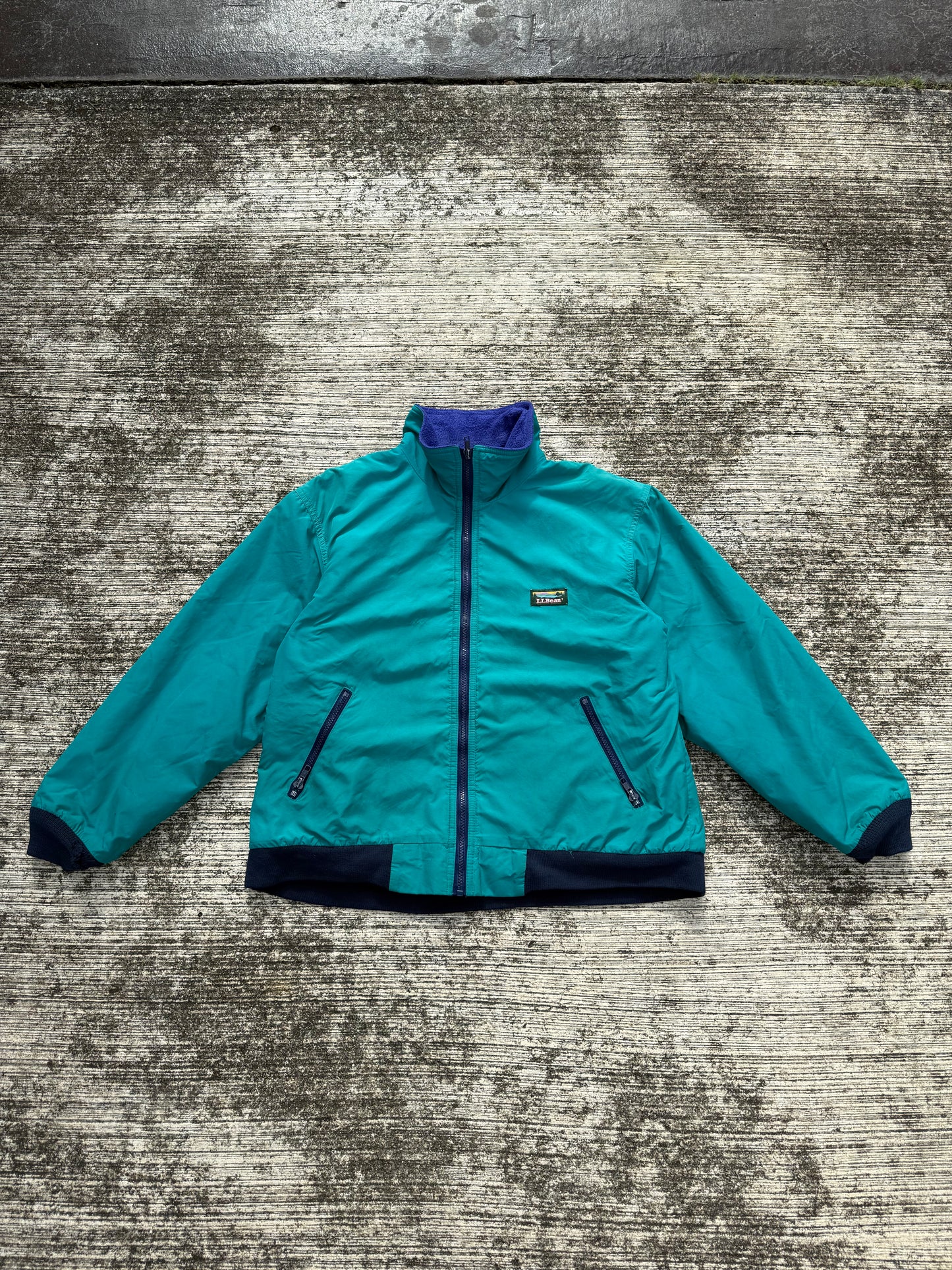 Vintage L.L.Bean Warm-Up Jacket – Made in USA Teal Nylon with Blue Fleece Lining