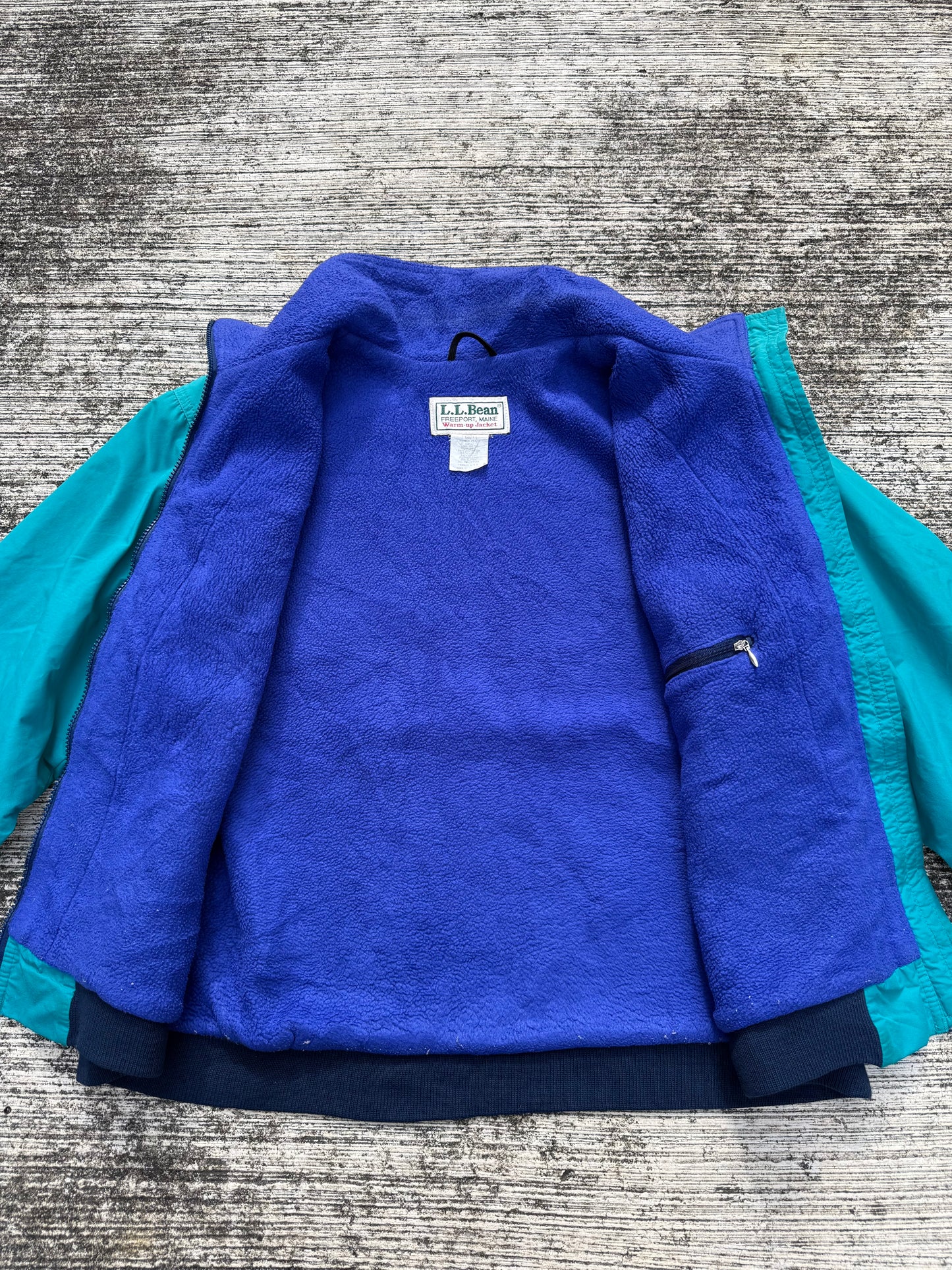 Vintage L.L.Bean Warm-Up Jacket – Made in USA Teal Nylon with Blue Fleece Lining