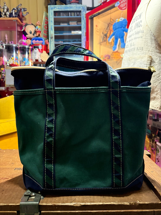 Vintage LL Bean Boat and Tote Zip Top Canvas Bag Dark Green Navy Trim