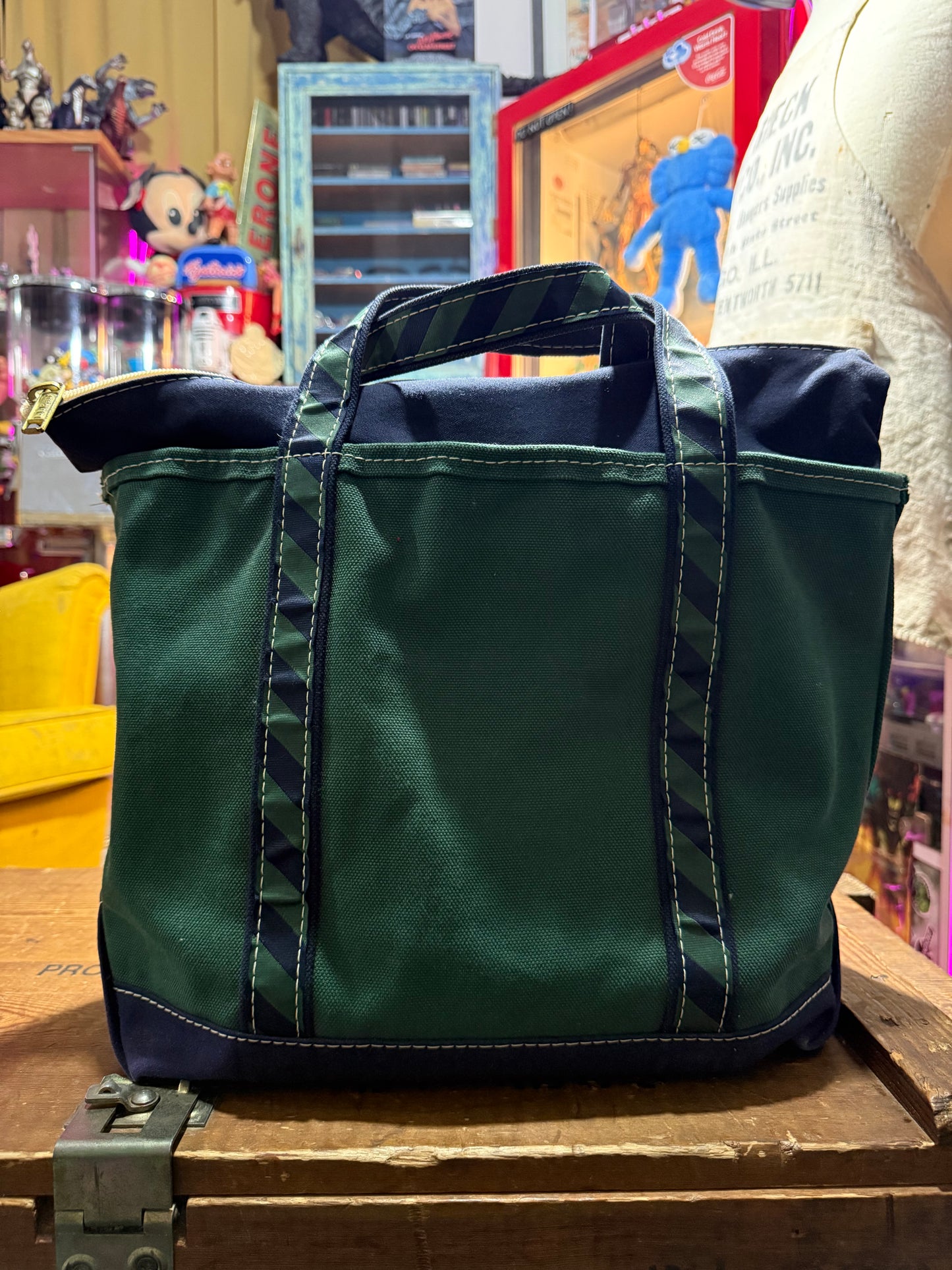 Vintage LL Bean Boat and Tote Zip Top Canvas Bag Dark Green Navy Trim