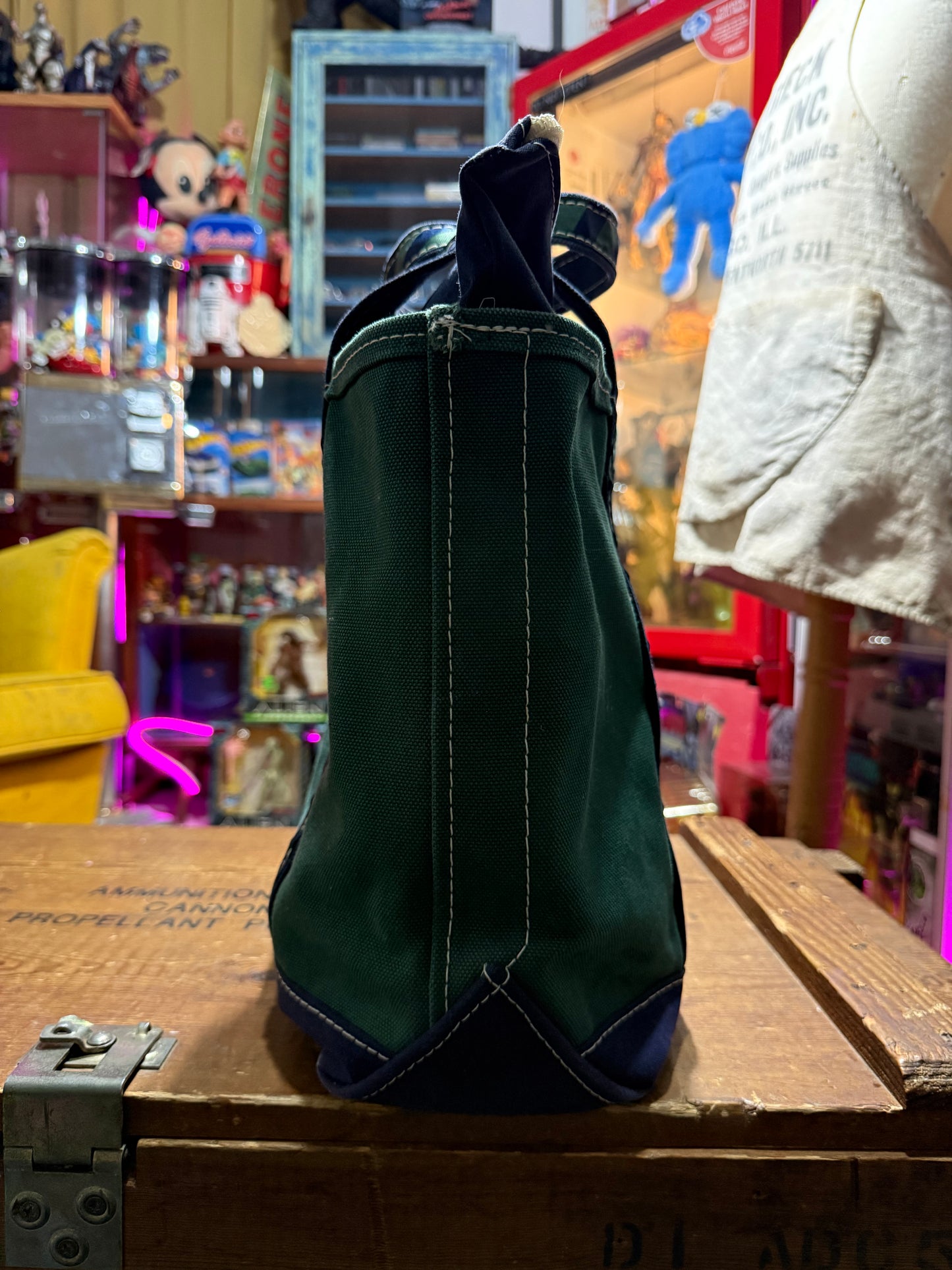 Vintage LL Bean Boat and Tote Zip Top Canvas Bag Dark Green Navy Trim