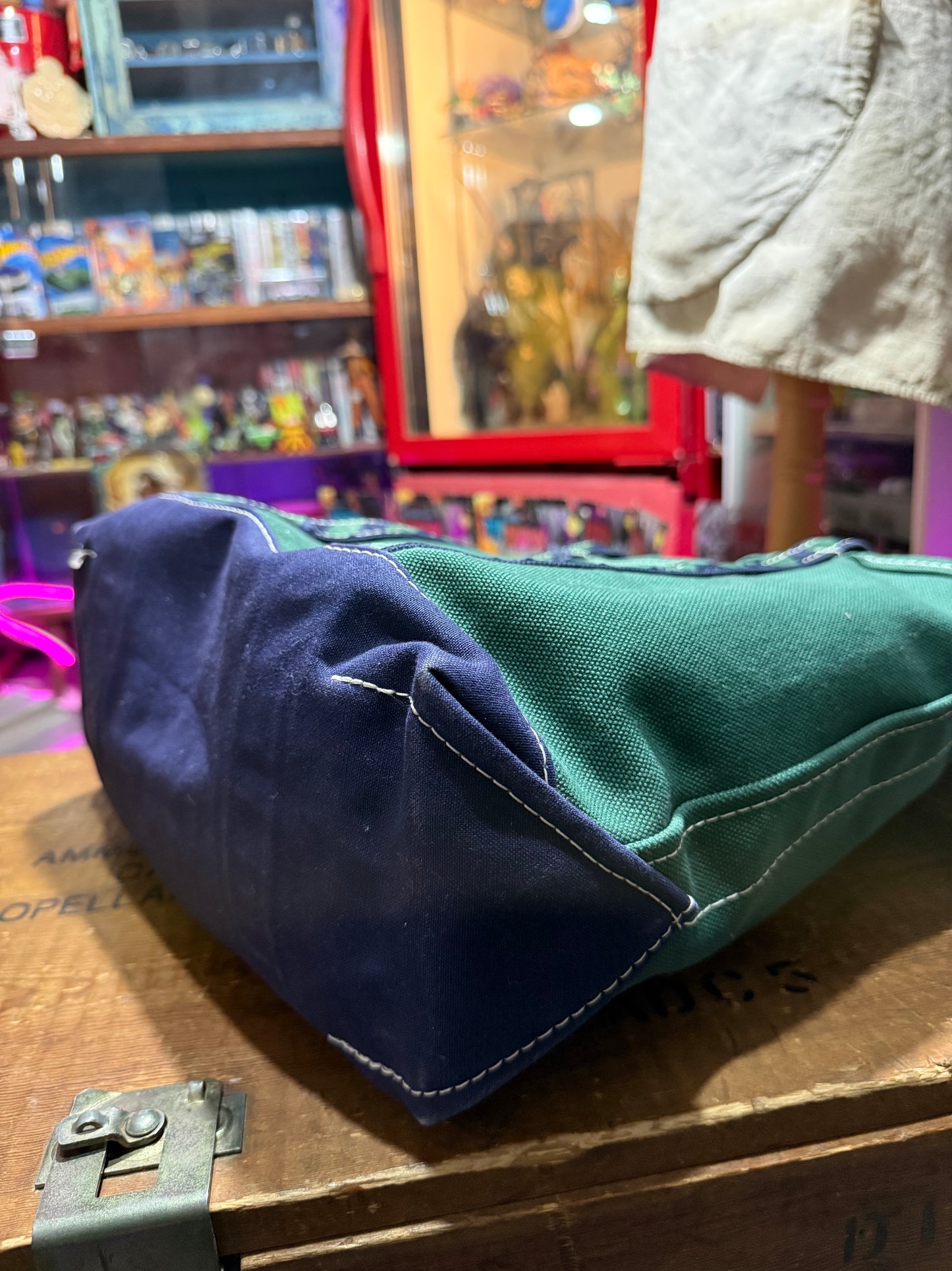Vintage LL Bean Boat and Tote Zip Top Canvas Bag Dark Green Navy Trim